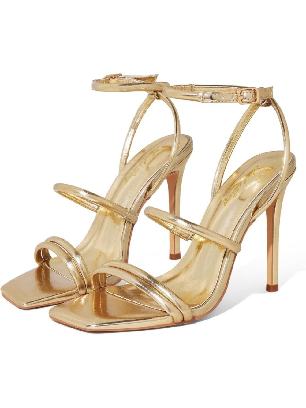 Women's Gold 4 Inches Ankle Strap Stiletto Sandals Square Open Toe High Heels